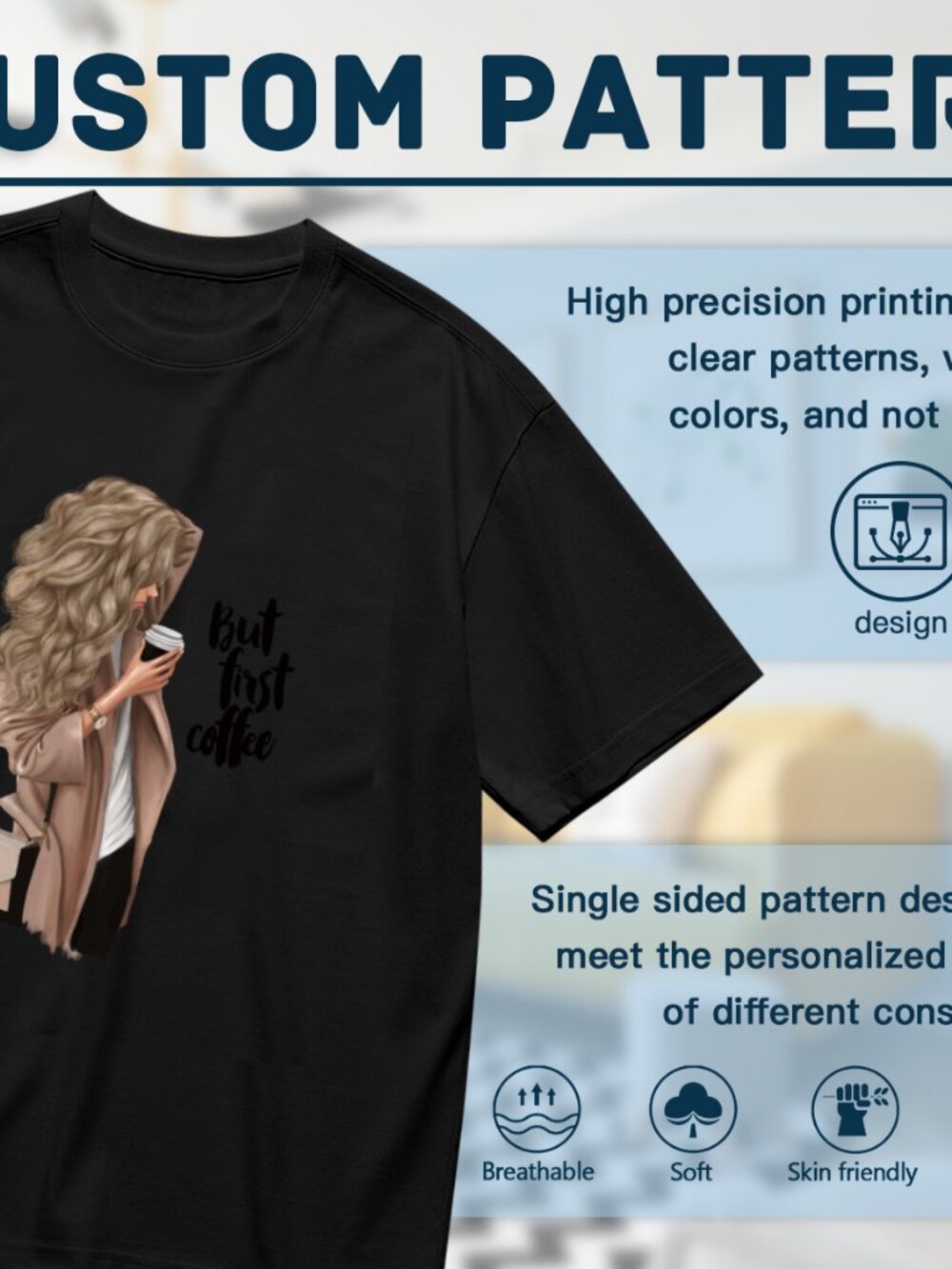 Black Graphic Short Sleeve Tee with Beige Coffee Girl Print - Picture 2 of 5